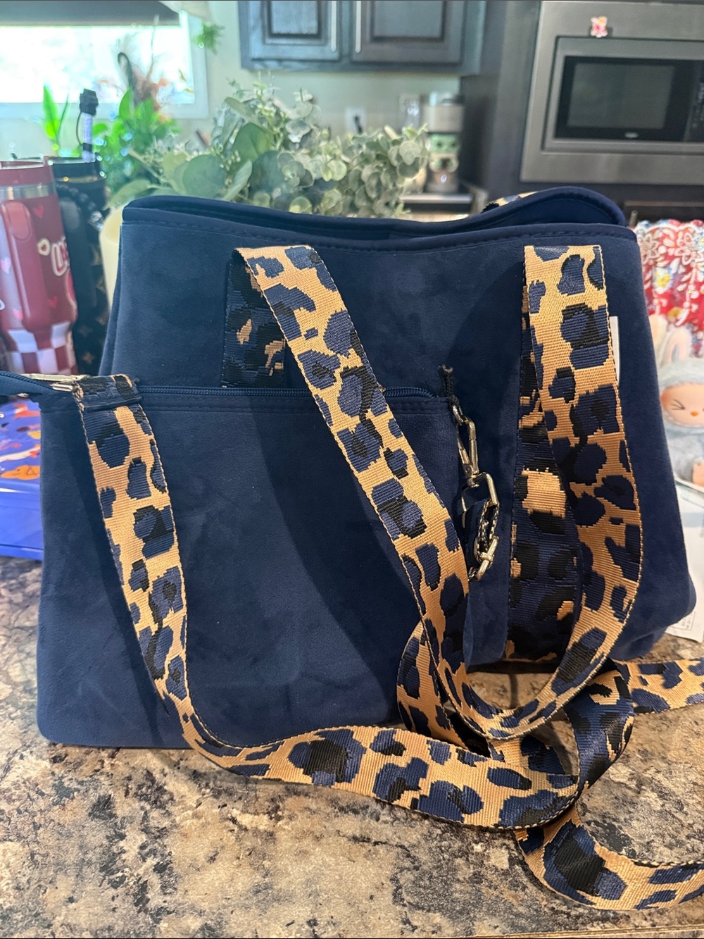 Navy Suede Tote Bag with Leopard-Print Strap